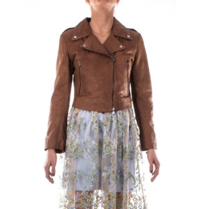 Italian handmade Women genuine soft lambskin leather trendy cropped biker jacket slim fit color BROWN snake texture