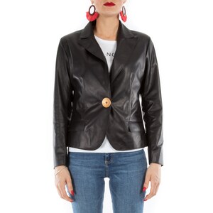 Italian handmade Women genuine soft lambskin leather blazer lightweight jacket slim fit color black