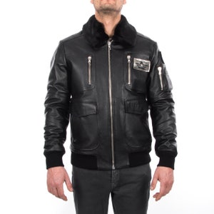 Italian handmade Men Waterproof  ARMY Bomber leather jacket color grainy Black
