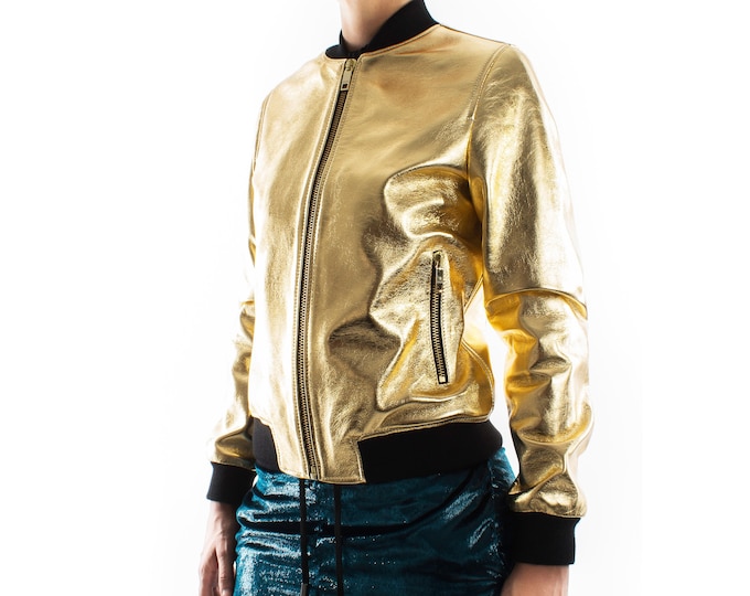 Italian handmade Women genuine lambskin leather bomber jacket METALLIC GOLD