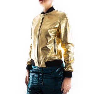 Italian handmade Women genuine lambskin leather bomber jacket METALLIC GOLD