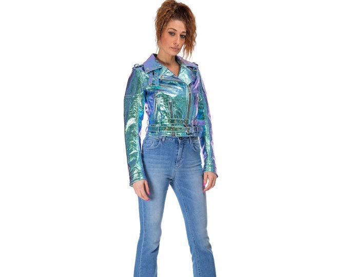 Italian handmade Women genuine leather biker jacket metallic holographic green crackled S to 2XL