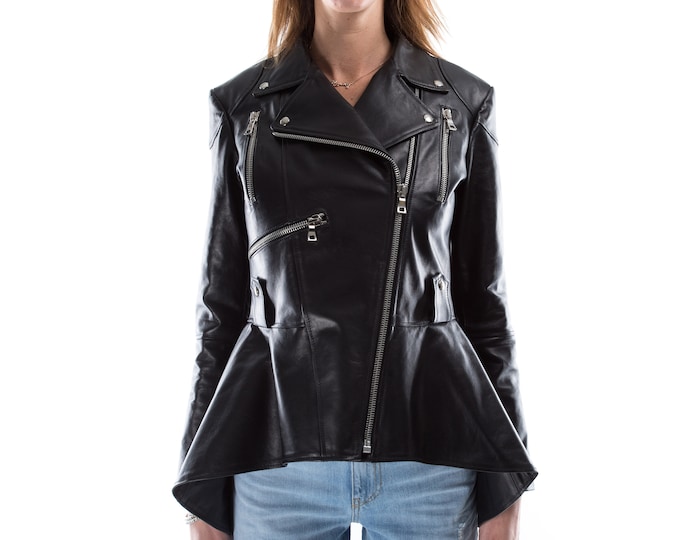 Italian handmade Women genuine leather long biker jacket slim fit black XS to 2XL