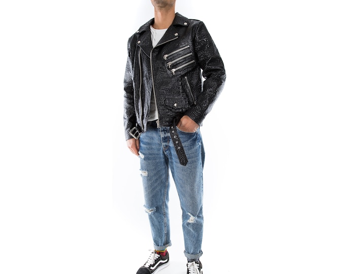 Italian handmade Men biker jacket slim fit black Crocodile textured embossed on goatskin leather XXS to 3XL