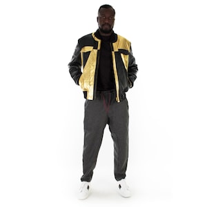 Italian handmade Men soft genuine lambskin Bomber leather jacket color Black & Metallic Gold S to XL