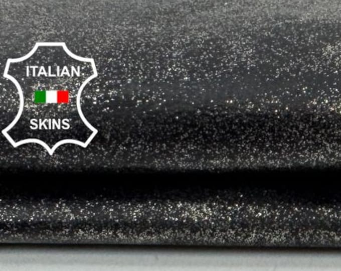 Delivered Duty paid - PEWTER GLITTERS DISTRESSED Print On Black Coated Italian Goat leather skin 3+sqf 0.8mm #C7857
