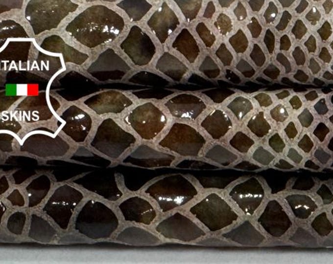 Delivered Duty paid - ARMY OLIVE SNAKE Print Shiny On Thin Soft Italian Lamb leather skin 3+sqf 0.6mm #C7754