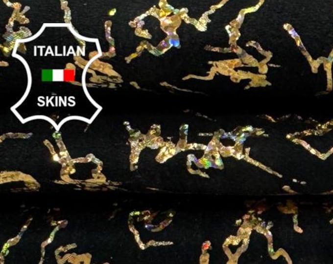 Delivered Duty paid - METALLIC HOLOGRAPHIC GOLD motifs Print Thin Italian Goat Leather skin 2+sqf 0.6mm #C7563