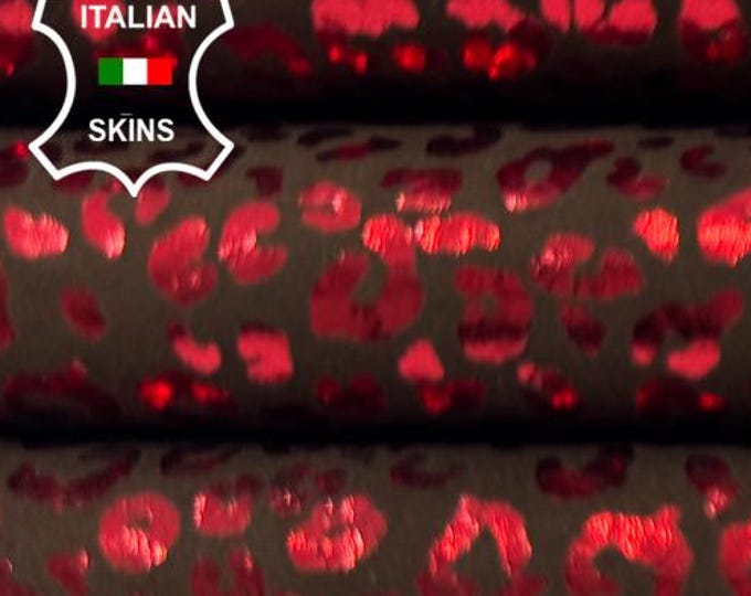 METALLIC RED CHEETAH Print On Brown Thin Soft Italian Lambskin Sheep Lamb leather hide hides skin skins 3sqf 0.6mm #C6505