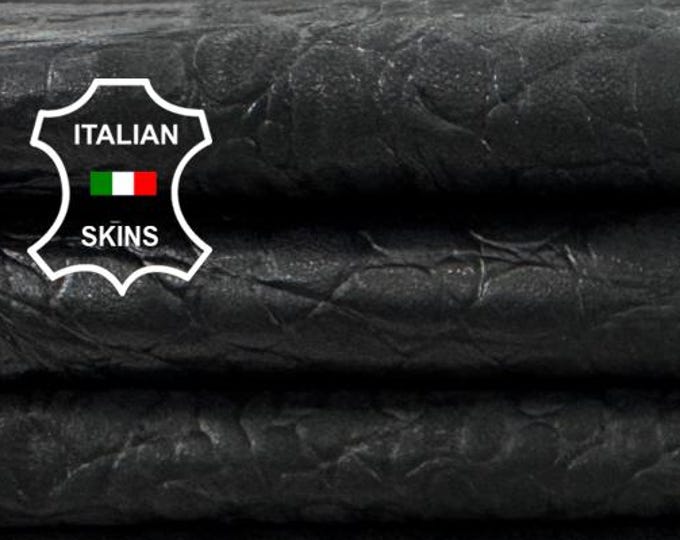 Delivered Duty paid - BLACK CROCODILE EMBOSSED Vintage Look On Soft Italian Lamb leather skin 9sqf 0.7mm #Z134