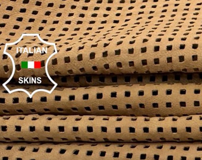 Delivered Duty paid - SAND BROWN SQUARES Perforated Washed Vegetable Tan Thin Italian Lamb leather pack 2 skins total 10+sqf 0.5mm #C7915