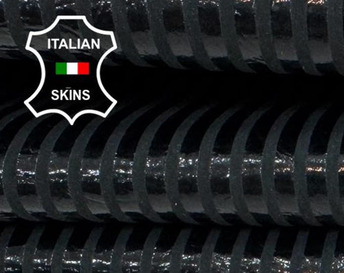 Delivered Duty paid -  BLACK SHINY Lines Print Crinkled Thin Soft Italian STRETCH Backed Lamb Leather skin 4+sqf 0.5mm #C7825