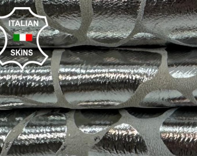 Delivered Duty paid - METALLIC SILVER CRACKLE Crinkle Giraffe Print On Italian Lamb leather skin 6sqf 0.9mm #C7791