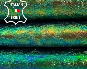 Delivered Duty Paid-METALLIC HOLOGRAPHIC GREEN Crinkled Italian Goat leather skin 4+sqf 0.7mm #C6972