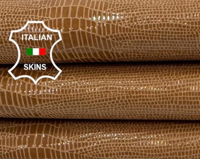 Delivered Duty paid - TAN BROWN SHINY Tejus Reptile Print On Italian Goat leather skin 2+sqf 0.7mm #Z361