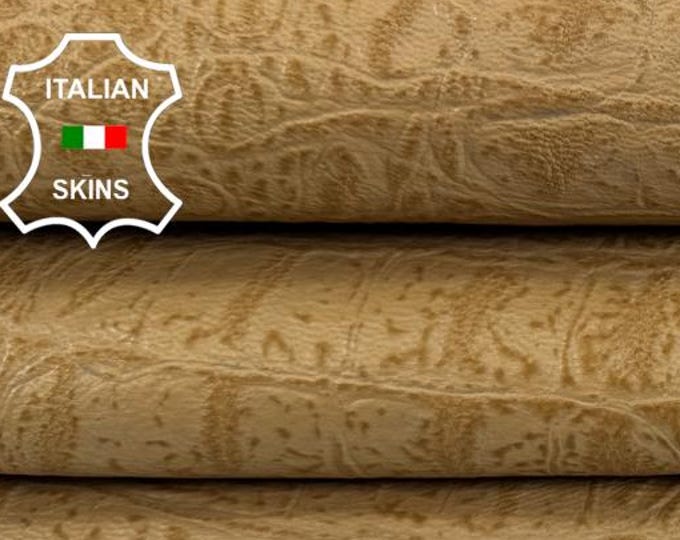 Delivered Duty paid - SANDY BROWN CROCODILE Embossed On Vintage Look Italian Goat leather skin 6sqf 0.9mm #Z63