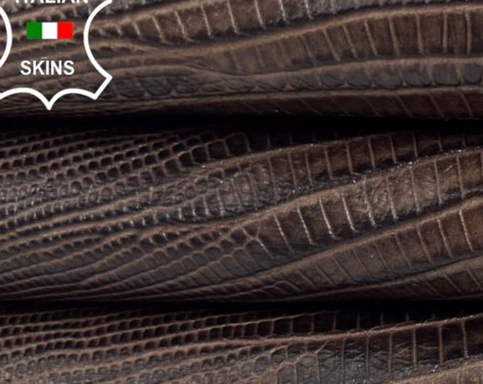 Delivered Duty Paid-BROWN TEJUS REPTILE Print On Vegetable Tan Italian Calfskin Cow leather skin 8sqf 0.8mm #C6717