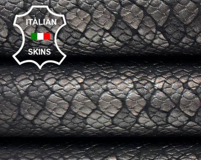 Delivered Duty Paid-METALLIC GUNMETAL ANTIQUED Snake Scales Print On Black Calfskin leather s skin 7sqf 0.9mm #C6657