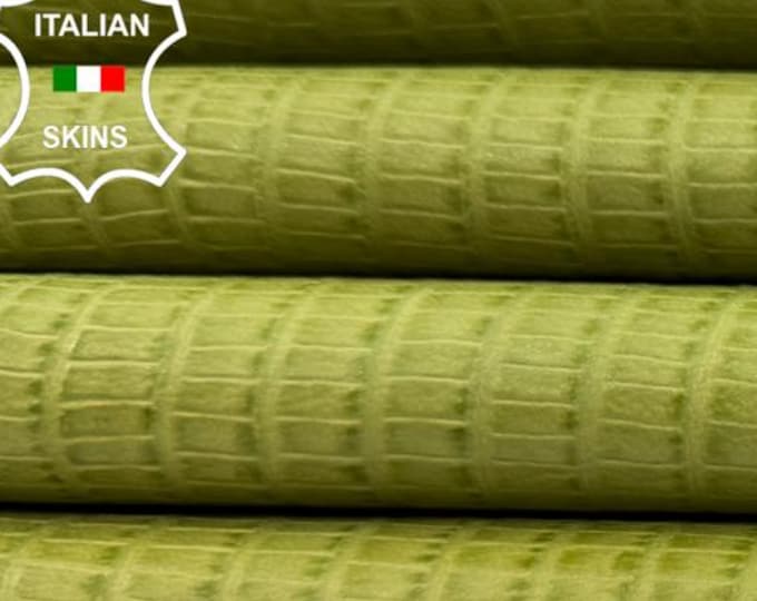 PISTACHIO GREEN Reptile Print On Soft Italian STRETCH Backed Lamb Leather skin 7sqf 0.8mm #C7093