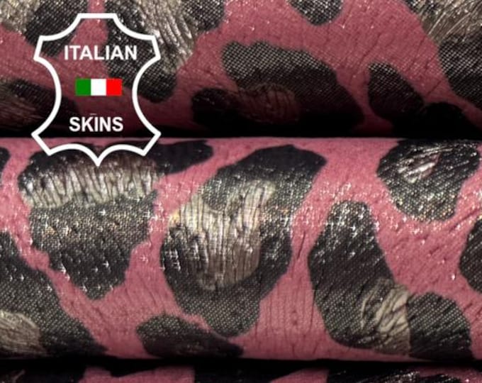 Delivered Duty Paid-GUNMETAL LEOPARD Print On Pink Thin Italian Calfskin Cow leather skin 7sqf 0.6mm #C6706