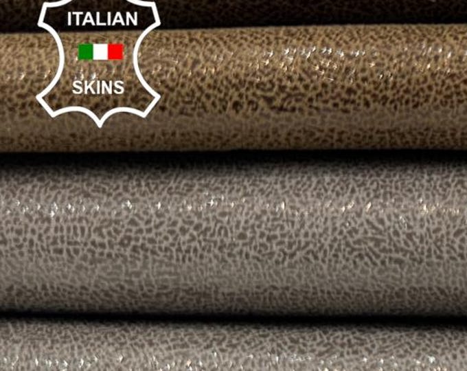 BROWN 2 SHADES SHINY Cracked Printed Italian Goatskin Goat leather pack 2 hides skins total 7+sqf 0.7mm #C5951