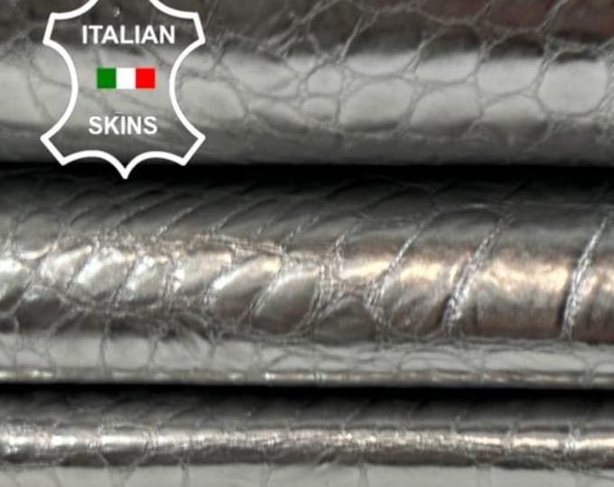 METALLIC SILVER COATED Crinkled Crocodile Textured Embossed Print On Thick Strong Italian Goatskin leather hides skins 4sqf 1.1mm #C5947