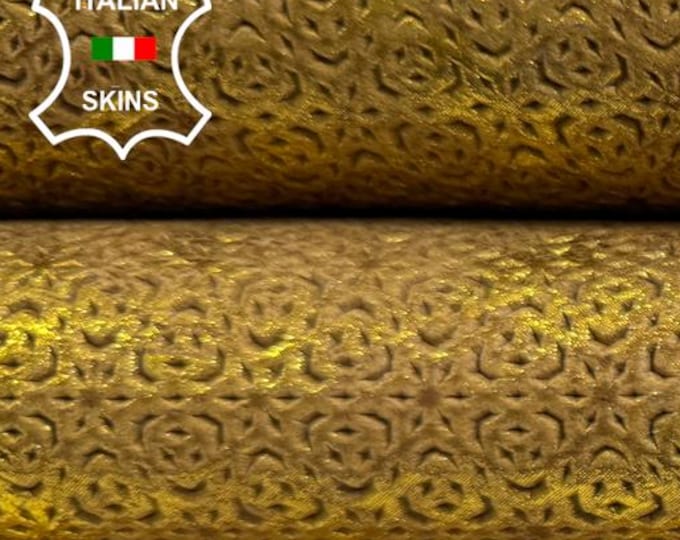 Delivered Duty Paid-METALLIC YELLOW DISTRESSED Textured Perforated Printed Vegetable Tan Thick Italian Calf leather skin 11sqf 1.2mm #C6672