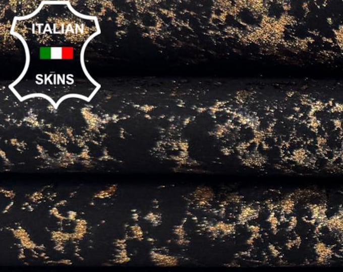 Delivered Duty paid - METALLIC BRASS OLD Gold Glitter Distressed On Black Strong Italian Calf Leather pack 2 skins total 10+sqf 0.9mm #C7561