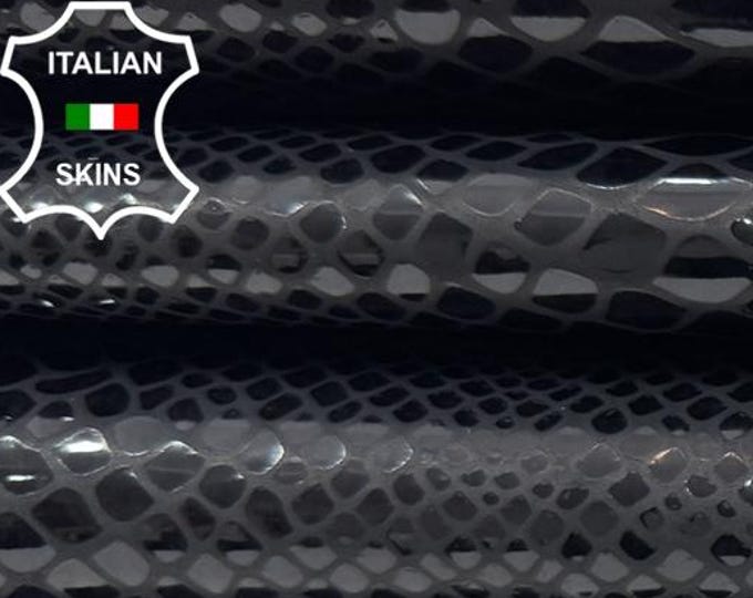 BLACK PATENT SHINY Snake Print On Strong Italian Calfskin Calf Cow Leather pack 2 hides skins total 12sqf 0.9mm #C6390