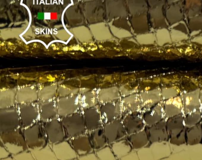 Delivered Duty Paid-METALLIC GOLD SHINY Snake Print On Thick Strong Italian Goatskin Goat Leather skin 4sqf 1.3mm #C6444