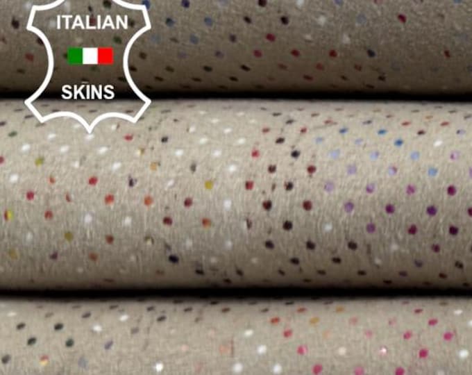 POLKA DOTS & FLOWERS Print On Beige Suede Soft Italian Lambskin Sheep Lamb Leather hide hides skin skins 4sqf 0.8mm #C6438
