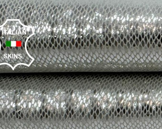 Delivered Duty paid - METALLIC SILVER LIZARD Print On Strong Italian Goat leather skin 2+sqf 0.7mm #C7704