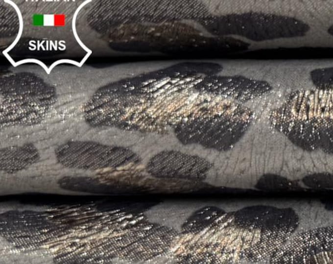 Delivered Duty Paid-GUNMETAL LEOPARD Print On GRAY Thin Italian Calfskin Cow leather skin 6sqf 0.6mm #C6711