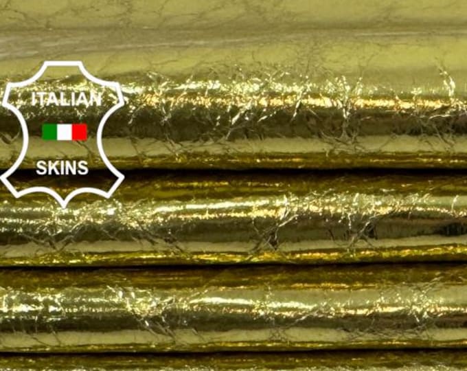 Delivered Duty paid - METALLIC GOLD CRINKLED Shiny Thin Soft Italian Goat leather skin 5+sqf 0.4mm #Z435