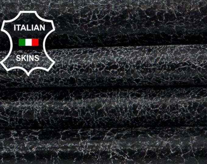 Delivered Duty paid - BLACK SHINY Cracked On GREY Vintage Look Thin Soft Italian Lamb leather skin 4+sqf 0.4mm #C7890