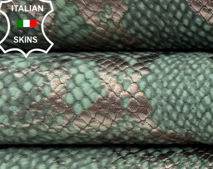 Delivered Duty Paid-METALLIC GUNMETAL Snake Print On MINT Green Italian Calf leather skin 7+sqf 0.7mm #C6737