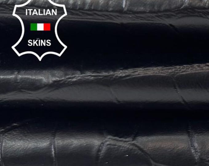 Delivered Duty Paid-BLACK CROCODILE Print On Thin Italian Calf leather skin 4sqf 0.6mm #C6793