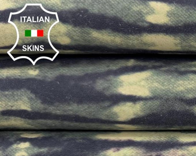 Delivered Duty paid - TIE DYE GREEN Blue Distressed On Ivory Thick Italian Goat leather skin 5sqf 1.3mm #C7830