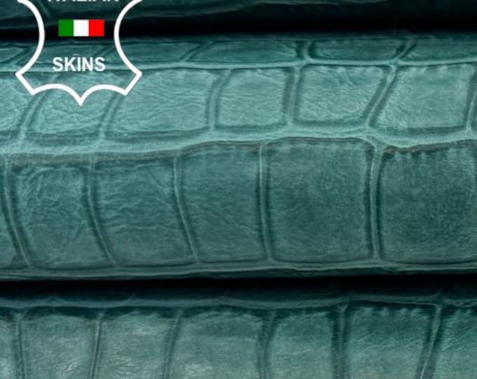 Delivered Duty Paid-TEAL BLUE VINTAGE Look Crocodile Print On Italian Calf leather skin 6sqf 1.0mm #C6796