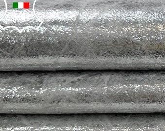 METALLIC SILVER Distressed Cracked Vintage Look Thin Soft Italian Goatskin Goat Leather hide hides skin skins 5sqf 0.6mm #C2509