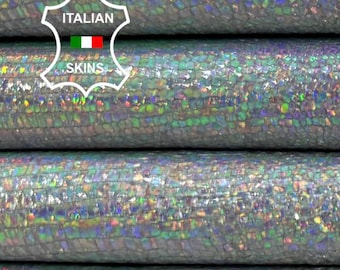 Delivered Duty Paid-METALLIC HOLOGRAPHIC SILVER Cracked Lizard Print On Soft Italian Lamb leather skin 6sqf 0.7mm #C6973