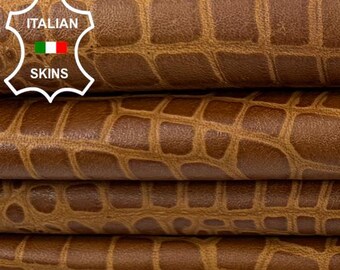 BROWN CROCODILE PRINT On Vintage Look Soft Italian Lamb leather skin 9sqf 1.0mm #Z554