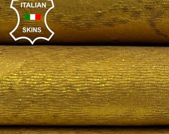 Free FedEx & Duties - METALLIC YELLOW PRINTED On Vegetable Tan Thick Italian Calf leather skin 11+sqf 1.1mm #C6671