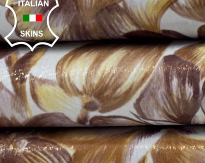 BRONZE & BROWN FLOWERS Print On White Italian Goatskin Goat Leather hide hides skin skins 3+sqf 0.8mm #C6437