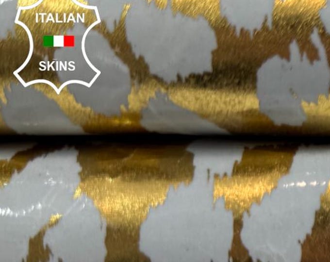 METALLIC GOLD LEOPARD Print On Off White Crinkled On Strong Italian Goatskin Goat leather hide hides skin skins 4sqf 0.7mm #C6422