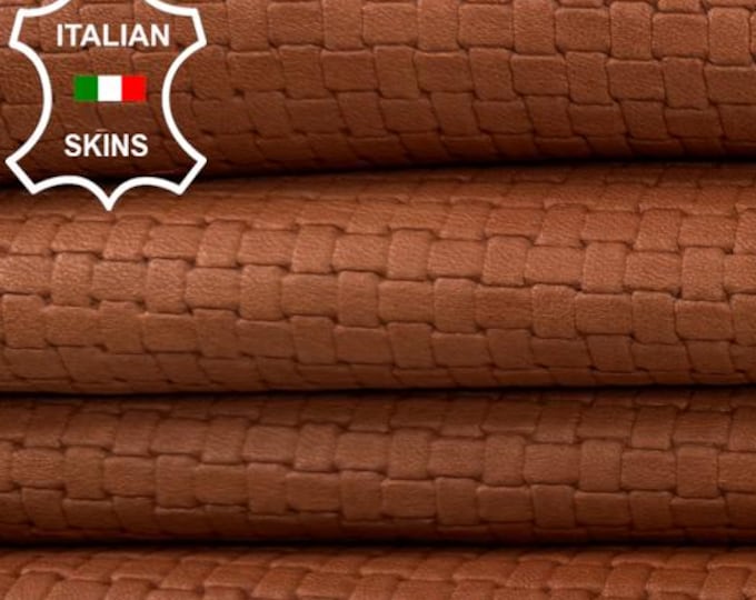 Delivered Duty paid - TERRACOTTA BROWN WOVEN Textured Embossed Vegetable Tan Thick Soft talian Lamb leather skin 6+sqf 1.1mm #Z387