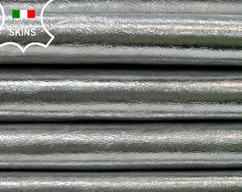 METALLIC SILVER SHINY Crinkled Thin Soft Italian Lambskin Sheep leather pack 2 hides skins total 9sqf 0.5mm #C3896