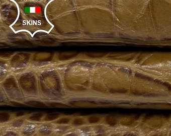 Free FedEx & Duties - CAMEL BROWN SHINY Crinkled Crocodile Print On Soft Italian Calf leather skin 7+sqf 0.9mm #C6795