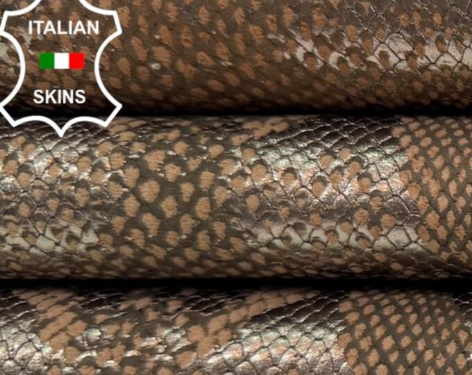 Delivered Duty Paid-METALLIC GUNMETAL Snake Print On Sand BROWN Italian Calf leather skin 10sqf 0.8mm #C6739