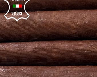 Delivered Duty Paid-BROWN Vegetable Tan Micro Lines Print Thick Soft Italian Lamb leather skin 7+sqf 1.3mm #C6975